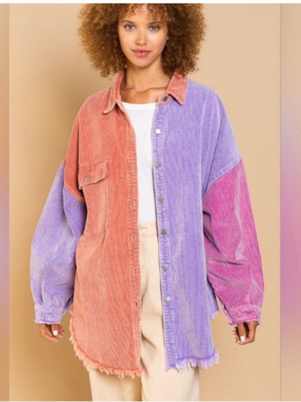 POL Corduroy Oversized Pink/Purple Colorful Button Down Shirt Large